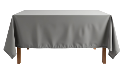 Elegantly draped grey tablecloth on a wooden table. Simple, minimalist, and perfect for showcasing products or creating a serene atmosphere., cut out