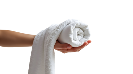 Soft, fluffy towel rolled neatly, held gently in a hand. Pure comfort!, cut out