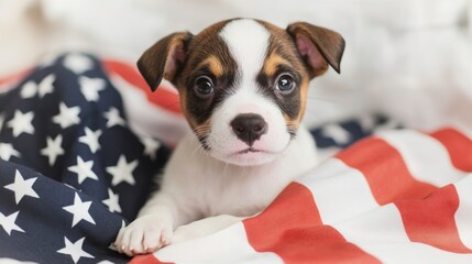 Lovable charming puppy American Flag and Happy Presidents Day lettering Closeup indoors Studio shot Congratulations for family loved ones relatives friends and colleagues Pet care concept