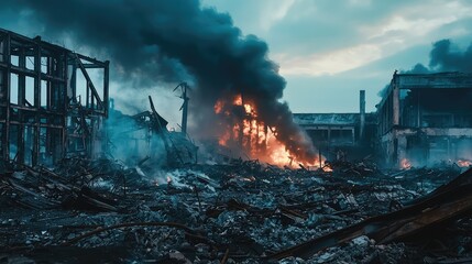 Devastating Fire Aftermath at Abandoned Industrial Site with Smoke