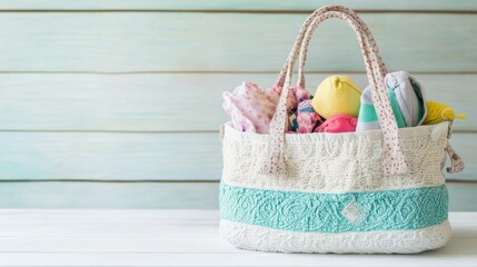 Mothers bag with babys stuff on white wooden table indoors Space for text