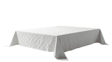 Crisp white tablecloth, elegantly draped, a pristine surface awaits.  Perfect for a formal event or a stylish setting., cut out