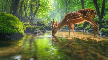 Majestic Deer Drinking Water in Tranquil Forest Setting