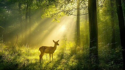 Serene Fawn in Sunlit Forest with Gentle Mist and Greenery