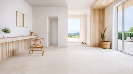 Modern interior design featuring minimalist decor and natural light in a spacious environment