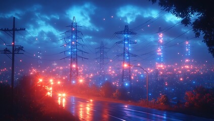 A moody landscape with power lines and glowing lights at night.