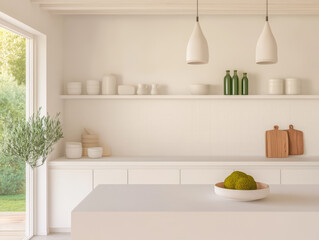 Fototapeta premium Modern kitchen with minimalist design featuring green bottles and natural elements