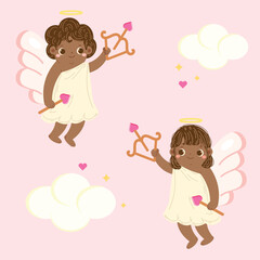 Cute Hand Drawn Cartoon Vector Cupid Angel Valentine Brown Skin