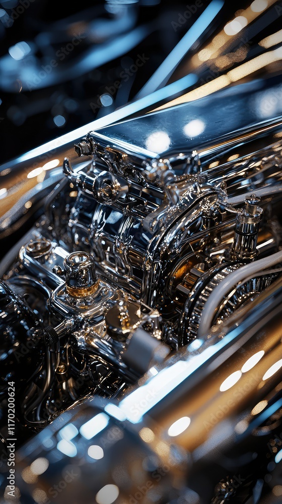 Poster detailed close-up of shiny engine components with reflective surface