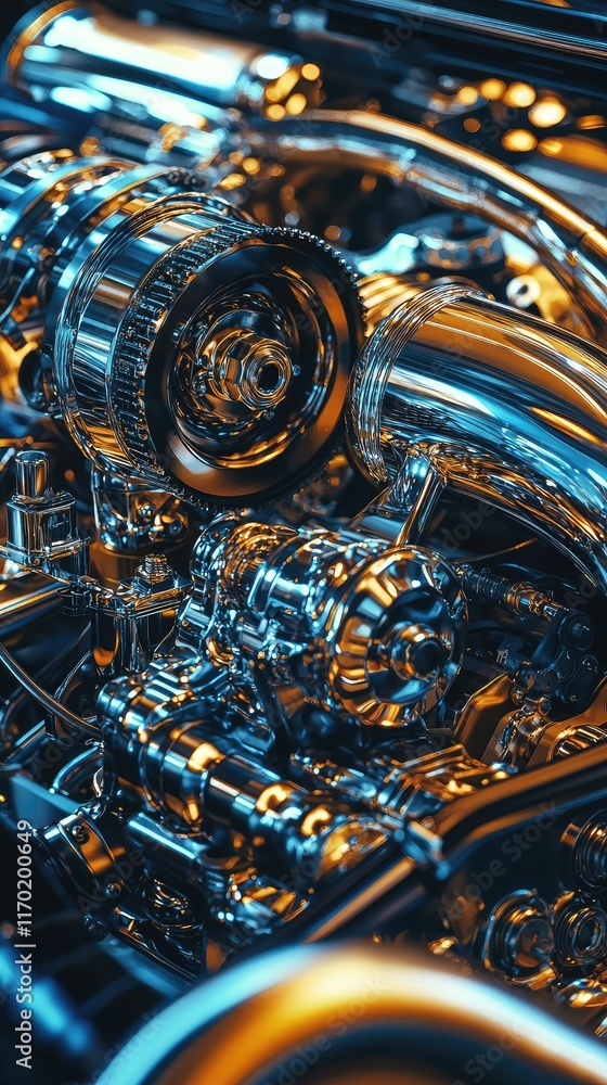 Poster detailed close-up of a shiny chrome engine component assembly