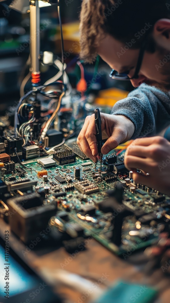 Poster technician repairing circuit board with precision tools in workshop