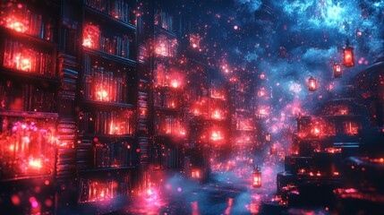 Fototapeta premium Enchanting library alley at night, glowing bookshelves and lanterns.