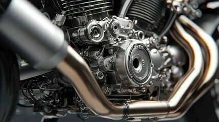 Obraz premium Close-Up View of Motorcycle Engine with Chrome Details and Pipes