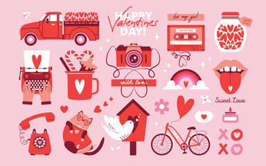 Big set of vector isolated illustrations to Saint Valentine's Day. Pink clip arts with bicycle, heart shaped balloon, camera, typewriter, jar with hearts, telephone, lips, mixtape, cat, pickup truck.