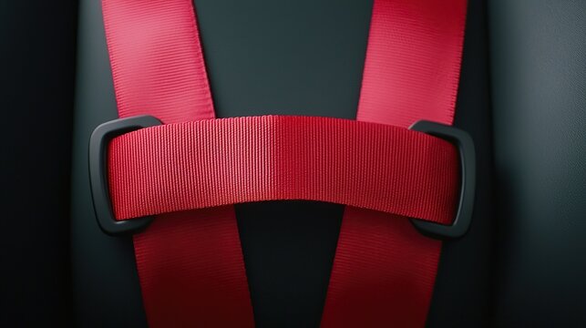 A close-up of a red seatbelt secured in place, highlighting its texture and fastening mechanism against a dark background.