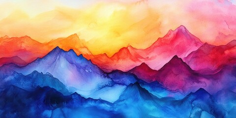 An abstract impressionist painting of mountainous terrain under a radiant sunrise, showcasing vibrant colors and textured strokes.