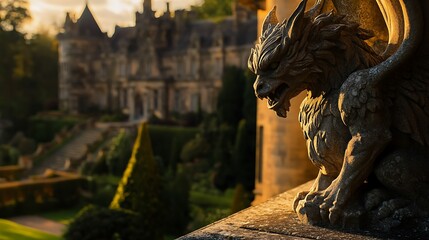Fototapeta premium Stone gargoyle on ledge with castle at golden hour.