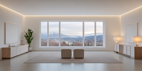 Modern living space with large windows showcasing a scenic mountain view in daylight