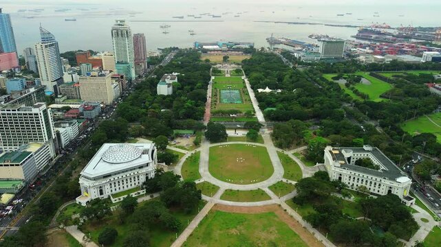 Aerial view of Rizal Park and Manila Bay waterfront