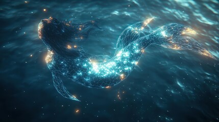 Glowing mermaid in ocean, digital art.