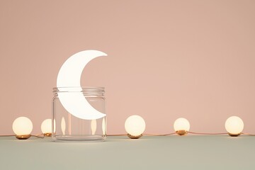 Ramadan charity concept. Decorative moon lamp inside a glass jar with glowing orbs.