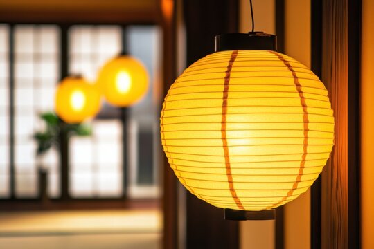 Yellow paper lanterns glowing brightly in a minimalist Japanese interior, warm and inviting lighting - Powered by Adobe