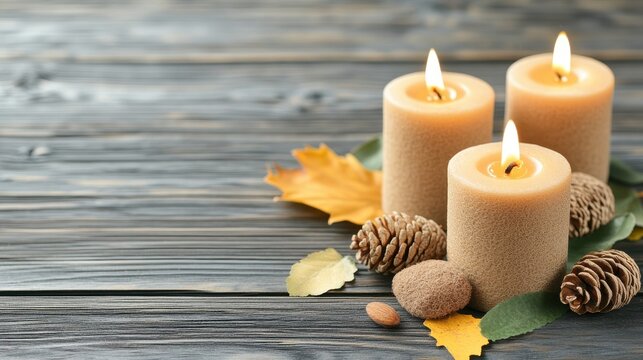 Three lit candles with pinecones and autumn leaves arranged on a wooden surface, creating a cozy seasonal atmosphere.