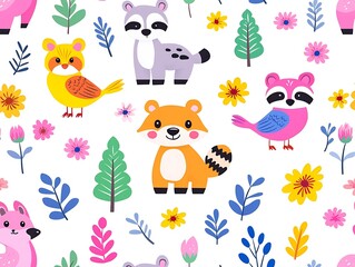 Fototapeta premium Cute cartoon animals and flowers seamless pattern.