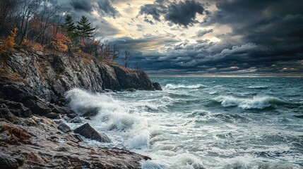 Obraz premium Dramatic Seascape with Waves Crashing Against Rocky Shoreline