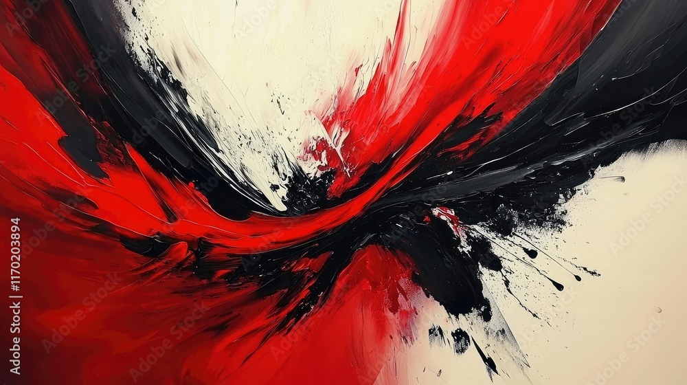 Poster dynamic abstract art with bold red and black swirls and patterns