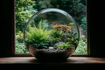 A beautifully arranged terrarium sits on a windowsill, showcasing vibrant plants. Perfect for indoor gardening enthusiasts, it enhances any living space.