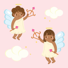 Cute Hand Drawn Cartoon Vector Cupid Angel Valentine Dark Skin