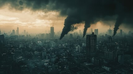 Dark Smoke Rising Over City Skyline During Ominous Sunset