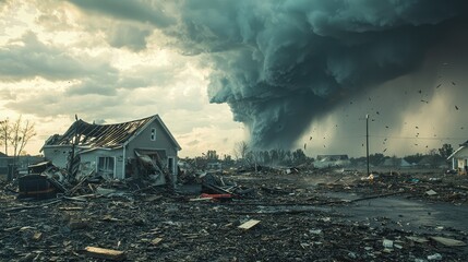 Fototapeta premium Dramatic Storm Clouds Over Destroyed Homes in Natural Disaster Scene
