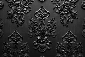 A monochromatic black textured wallpaper with elaborate gothic designs and embossed patterns.