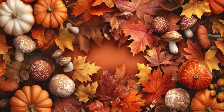 Pumpkins, leaves and mushrooms in autumnal harvest color scheme.