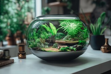 A beautifully designed terrarium showcases vibrant plants and natural elements, perfect for indoor gardening enthusiasts looking to enhance their space with greenery.