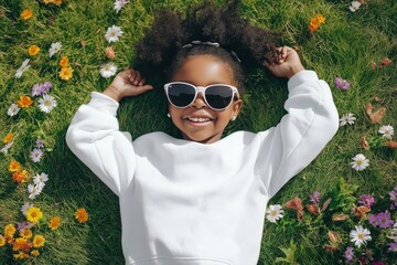 smiling little girl in a white blank sweatshirt and sunglasses laying on the grass with hands behind the head