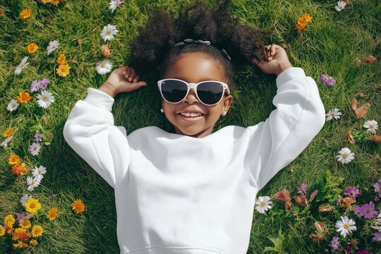 smiling little girl in a white blank sweatshirt and sunglasses laying on the grass with hands behind the head