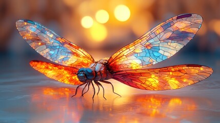 Luminous dragonfly with stained-glass wings, reflecting on a shiny surface at sunset.