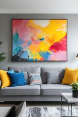 A stylish modern living room featuring a large abstract art piece on the wall, complemented by colorful throw pillows.