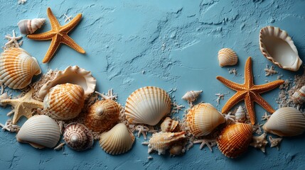Seashells and Starfish on Blue Background: Summer Ocean Theme