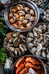 A vibrant assortment of seafood options, including oysters and shrimp.