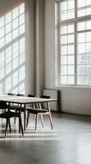 Fototapeta premium Modern Minimalist Workspace with Natural Light and Wooden Furniture