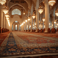 Obraz premium Grand mosque interior with ornate carpet, pillars, and chandeliers.