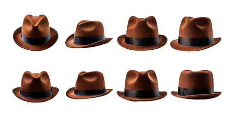 Collection of Brown Fedora Hats on a Transparent Background