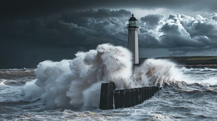 Dramatic Lighthouse Facing Powerful Waves Under Stormy Skies