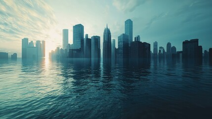Fototapeta premium Urban skyline reflection in tranquil water at sunrise with haze