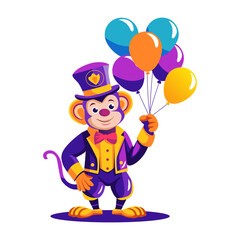 A flat illustration of a circus monkey holding balloons 
