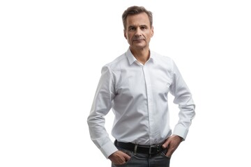 Fototapeta premium Confident businessman in white shirt isolated on white background.